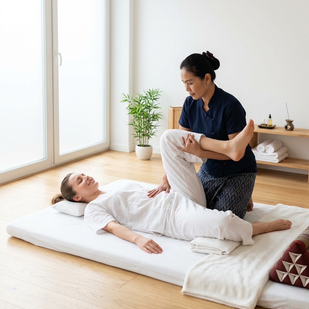 Traditional Thai stretching therapy session
